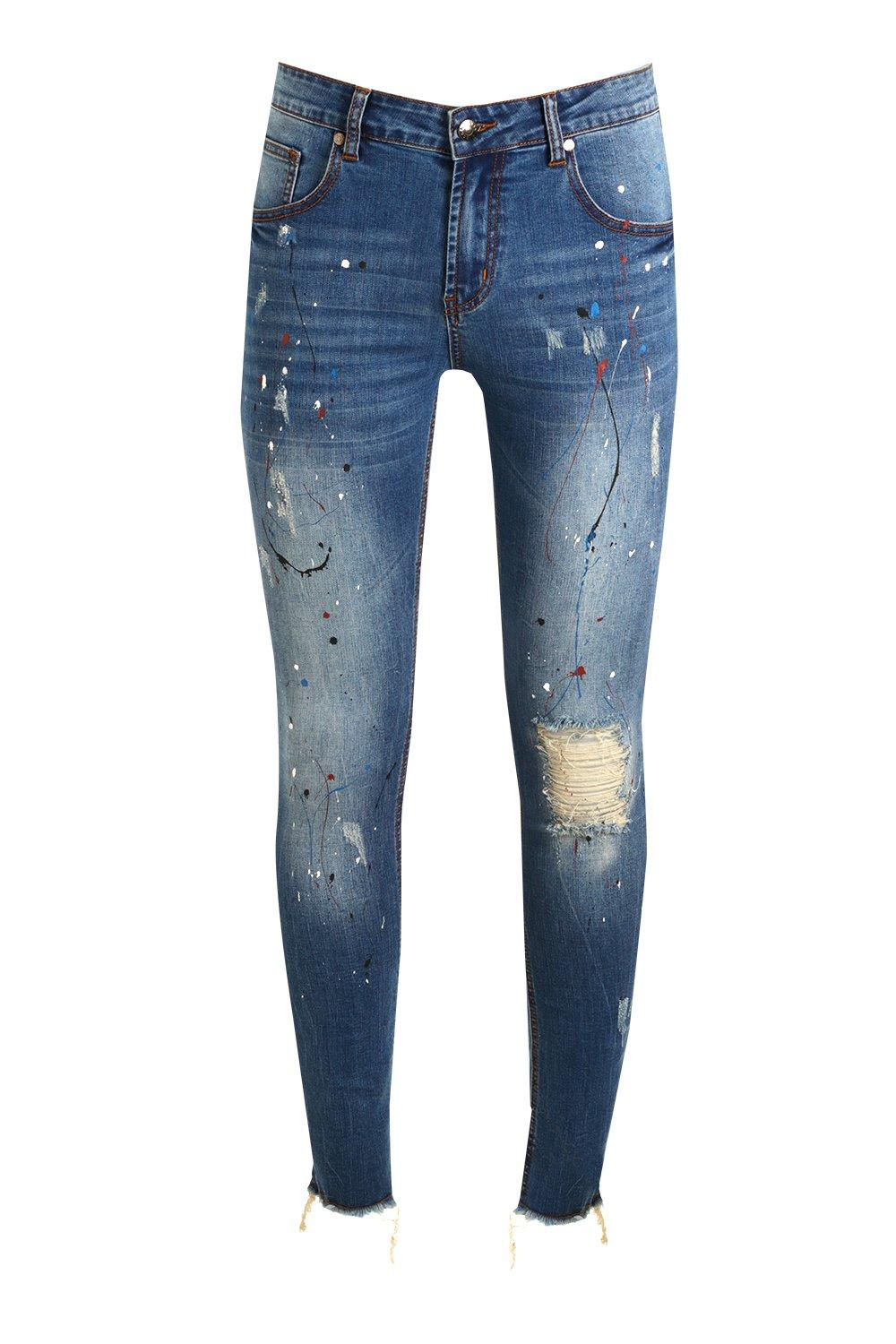 Mid Blue Super Skinny Jeans With Paint Splatter | boohoo